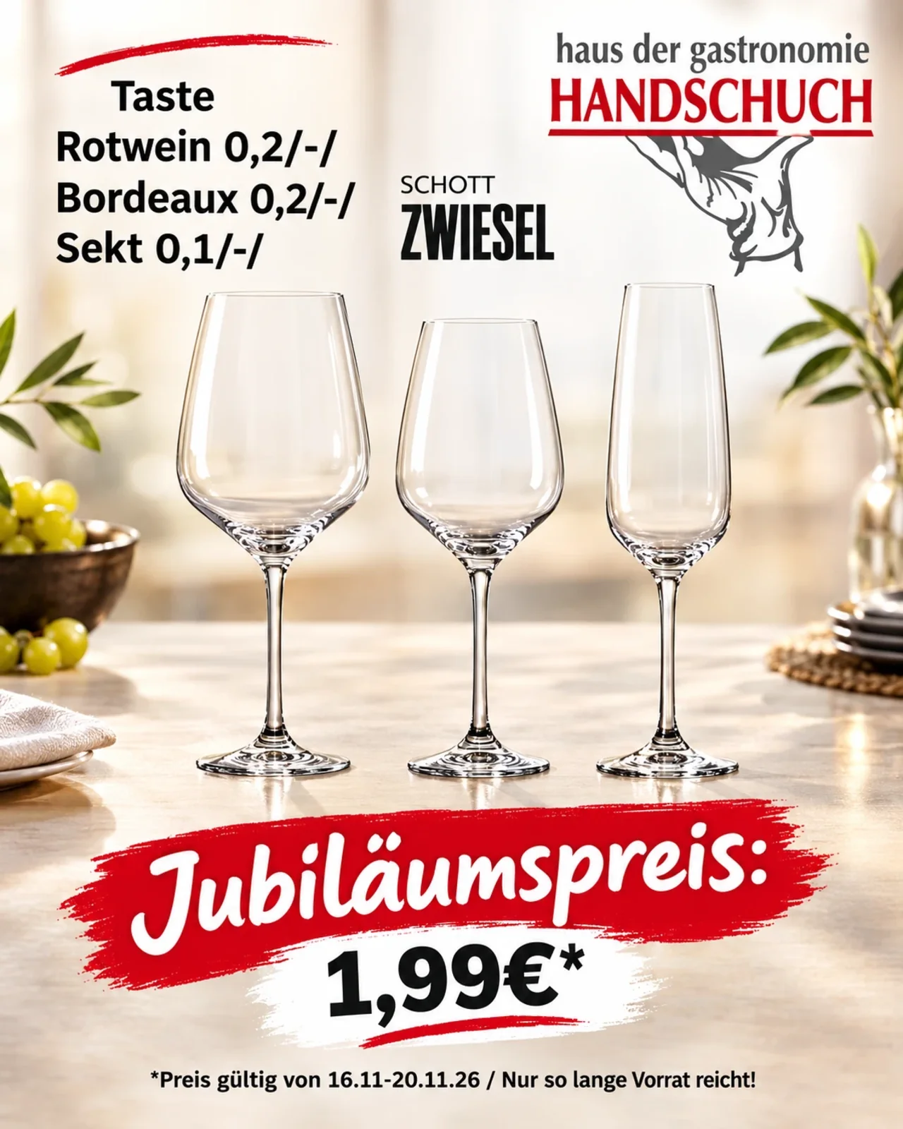 Jubiläumsangebot Schott Zwiesel – Gläserserie Taste Jubiläumsangebot Schott Zwiesel Taste: Rotwein-, Bordeaux- und Sektglas für 1,99 €